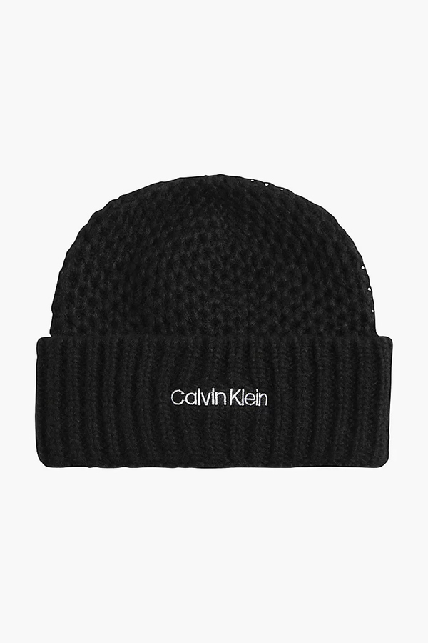 Calvin Klein, Caciula Wafle, cu detaliu cu logo brodat, lana Alpaca, Negru
