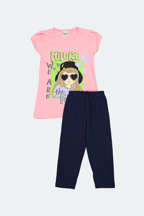 Buyumus, Set tricou si pantaloni, pentru fete, bumbac Fuchsia/Bleumarin