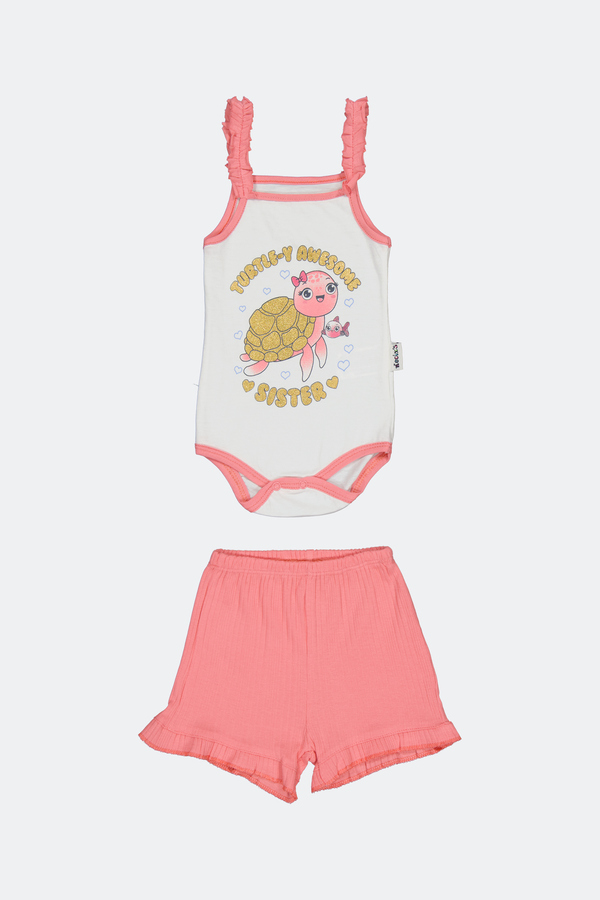 NECIXS, Set ''Turtle'' de body, maieu si pantaloni pentru fete, din bumbac Roz/Portocaliu
