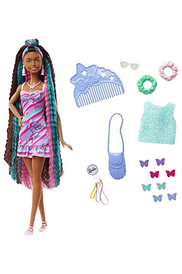 Barbie, Set de joaca totally hair, papusa cu parul curcubeu