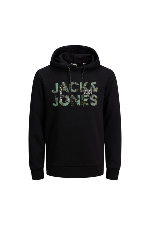 Jack&Jones, Hanorac cu gluga si logo, bumbac Negru/Verde