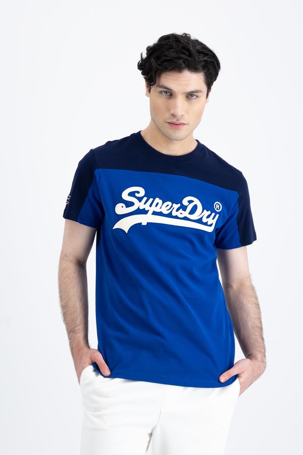 SUPERDRY, Tricou din bumbac, cu logo, Albastru