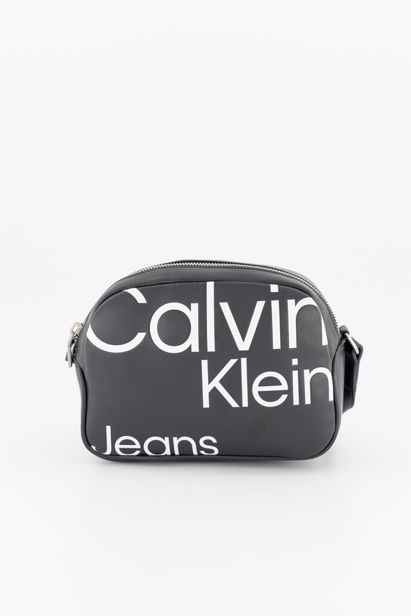 Calvin Klein Jeans, Geanta crossbody cu imprimeu logo, piele ecologica, Negru
