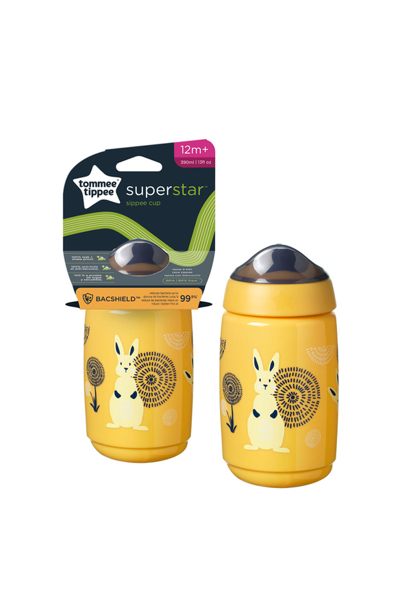 Tomme Tippee, Cana Sippee cu protectie BACSHIELD si capac, Galben, 390 ml, 12 luni +