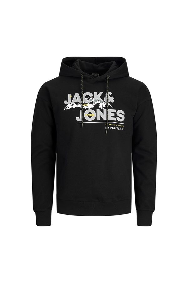 Jack&Jones, Hanorac cu imprimeu logo, gluga si buzunare marsupiu, bumbac Negru/Alb