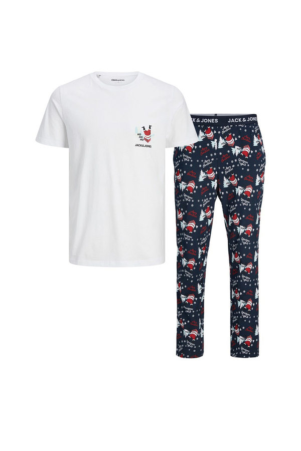 Jack&Jones, Set pijama, tricou si pantaloni, cu imprimeu festiv si logo, bumbac, Alb/Bleumarin