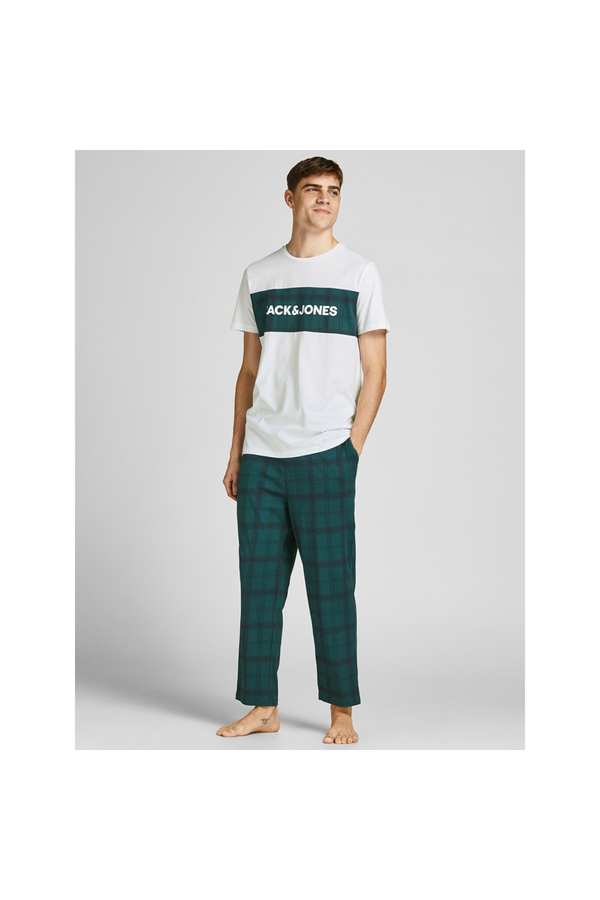 Jack&Jones, Set pijama, tricou si pantaloni, cu imprimeu festiv, bumbac, Alb/Verde Alb/Verde