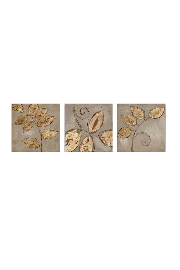 Remy, Set 3 tablouri cu tema frunze, canvas, Auriu, 30x30 cm