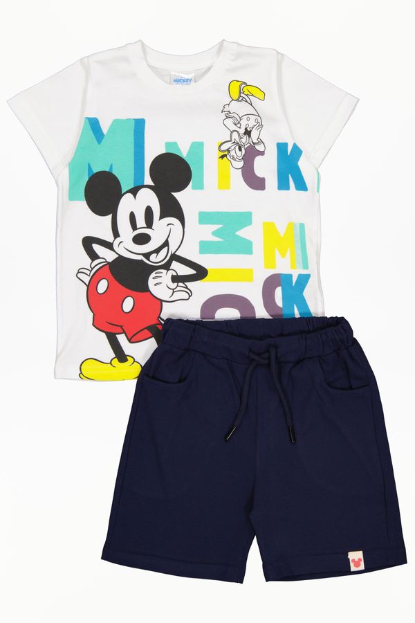 Mickey Mouse, Set tricou si pantaloni scurti baieti, Alb, bumbac